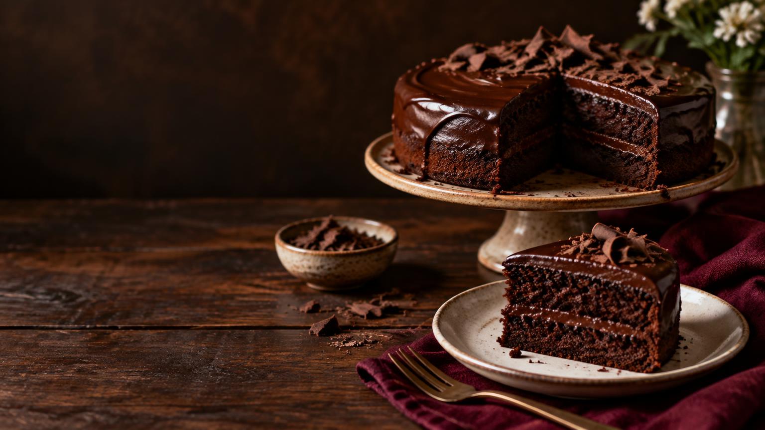 Bolo de chocolate caseiro servido em uma mesa de madeira
