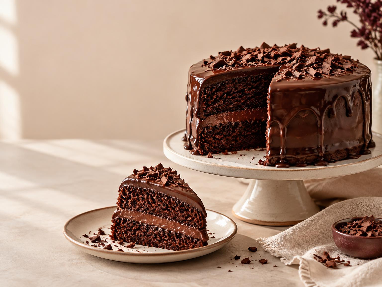 Bolo caseiro de chocolate com cobertura cremosa e uma fatia servida