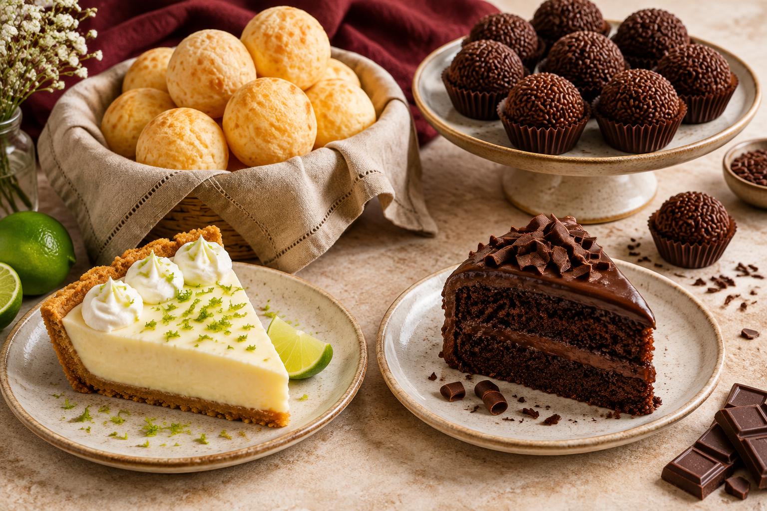 Seleção de pão de queijo, brigadeiro, torta de limão e bolo de chocolate